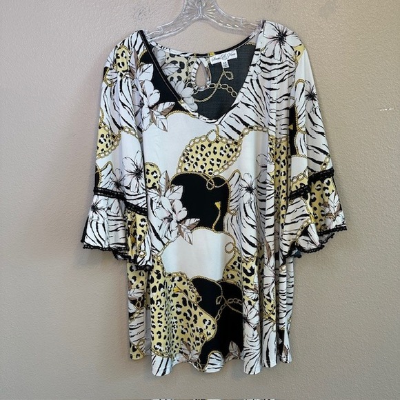 Stem & Vine Women's V-Neck 3/4 Sleeve Tunic Blouse 3X Floral Animal Print - Picture 1 of 7